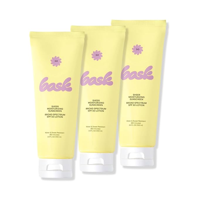 Bask Suncare SPF 50 Sheer Moisturizing Sunscreen Lotion - Broad Spectrum UVA/UVB Protection, Dermatologist Recommended, Hydrating, Lightweight & Non-Greasy, Travel Size (Value Pack of 3)