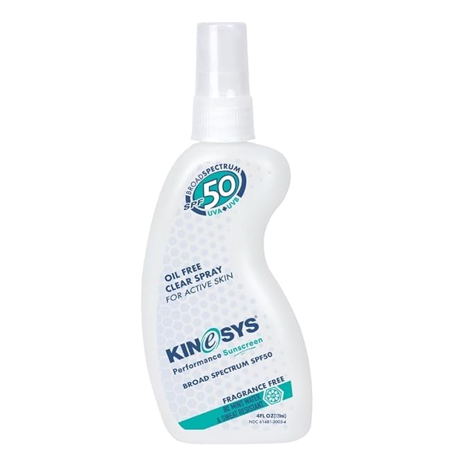KINeSYS Fragrance Free Clear Spray Sunscreen for sensitive skin, SPF 50, Hypoallergenic, Broad Spectrum UVA/UVB protection for Face & Body; PABA and Oxybenzone FREE, 700+ Sprays, 4 Fl Oz/120 mL