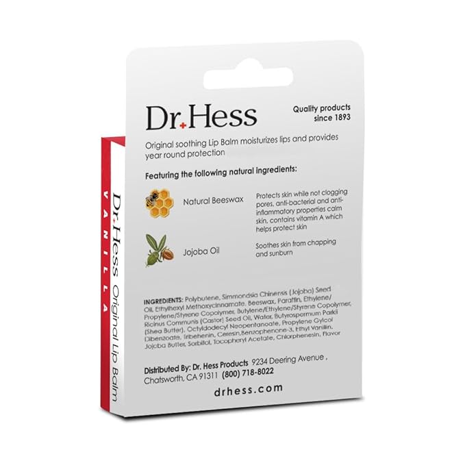 Dr. Hess Original Udder Stick SPF Lip Balm, Soothing Moisturizer Sun Screen Balm for Dry Lips with Jojoba, Beeswax & Shea Butter, Total Lip Care, Hydration & Repair, Vanilla Flavor, 4 Pack