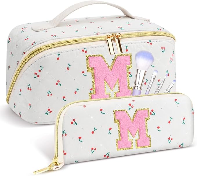 Personalized Travel Makeup Bag Set, Initial Cute Cherry Makeup Organizer Bag, Toiletry Skincare Cosmetic Bag, Valentine’s Day Gifts for Women/Girls, Open Flat Toiletry Pouch with Brush Pocket