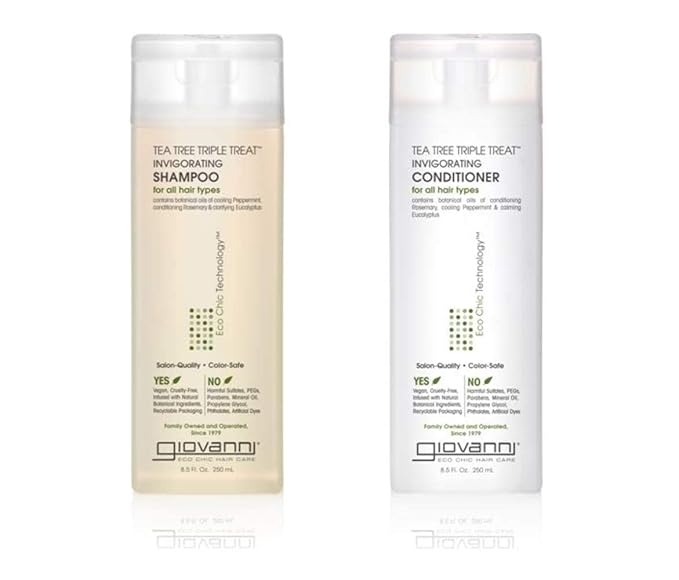 GIOVANNI Tea Tree Triple Treat Invigorating Shampoo & Conditioner Set - Cooling Peppermint, Eucalyptus, Rosemary, Helps Dry, Flaky Scalp, Salon Quality, Vegan, Cruelty Free - 8.5 oz Each