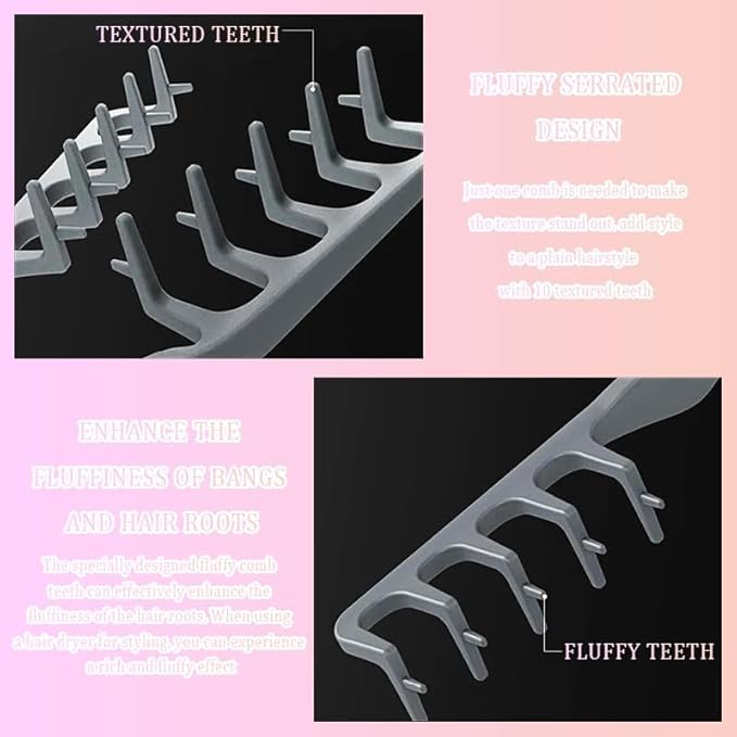 Volugrip Fringe Comb, Textured Styling Comb, Fluffy Curly Hair Comb for Volume & Fringe Parting, Anti-Frizz Styling Tool for Men & Women (Black+Gray)
