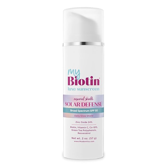 MyBiotin Luxe Sunscreen – Daily Glow Shield, Mineral SPF 50 Face Sunscreen - 24% Zinc Oxide, Biotin, Vitamin C, CoQ10, Polyphenols & Resveratrol – Anti-Aging, Broad Spectrum Sun Protection, 2 oz.