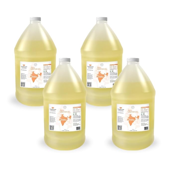 Organic Castor Oil Direct From India - Cold Pressed Castor Oil For Face, Hair Growth, Eyelash Serum, Eyebrow - Skin and Face Moisturizer and Detox - Hexane Free 4 Gallon
