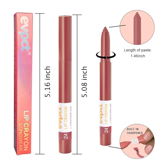 evpct Fairest Nude Brown Lip Liner Crayon Pencils Set for Women, Matte Lip Stick Crayon Long Lasting, Lips Pencil Liner and Lipstick set, Lipliner Pencil 24 Hours Long Wear Lipstick Built-in Sharpener