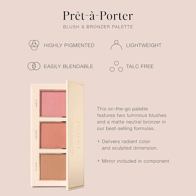 Jouer Prêt-à-Porter Blush & Bronzer Palette - 2 Luminous Blushes + 1 Matte Bronzer, Travel-Friendly with Mirror, Talc-Free Formula, 0.42oz