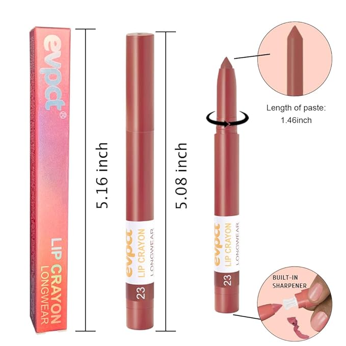 evpct Nude Fury Lip Liner Crayon Pencils Set for Women, Brown Matte Lip Stick Crayon Long Lasting, Lips Pencil Liner and Lipstick set, Lipliner Pencil, 24 Hour Long Wearing Lipstick Built-in Sharpener