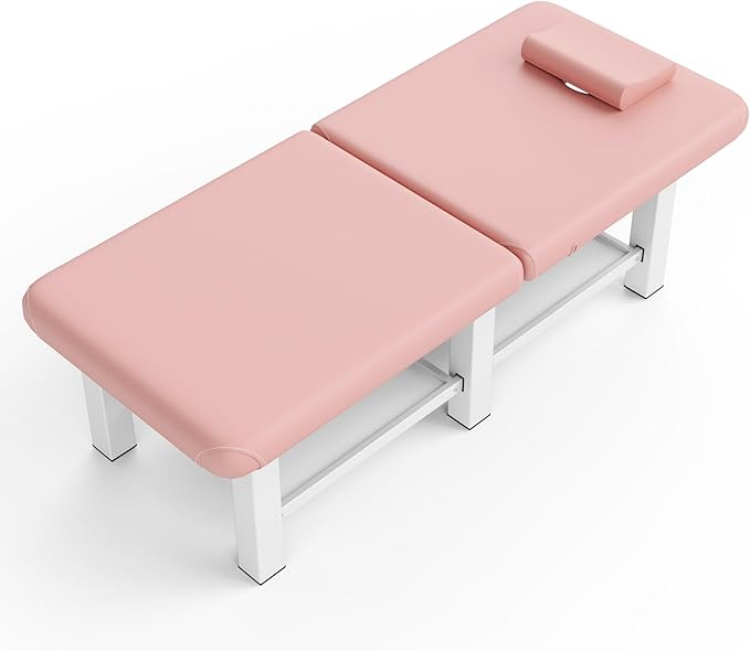 30.5'' Wide × 75'' Long Folding Stationary Massage Table with Backrest and Storage Space for Treatment Table Physical Therapy Table Spa Facial Bed, 6 Square legs, Metal Frame PU Leather - Pink