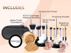 16pc Beginner Mineral Makeup STARTER KIT with 10 BRUSHES(5gm) Sample Size Foundation, Primer, Blush, Bronzer, Setting Powder for Learning, Occasional Use,First Time Users, Travel Size Kit(Deep Tan)