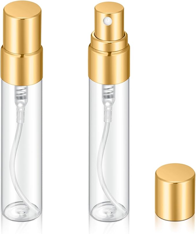 20Pcs 5ml Empty Clear Glass Mist Spray Bottle Refillable Mini Perfume Atomizer Travel Sample Bottle with Golden Aluminized Nozzle Makeup Container for Perfume (5ml Gold Caps)