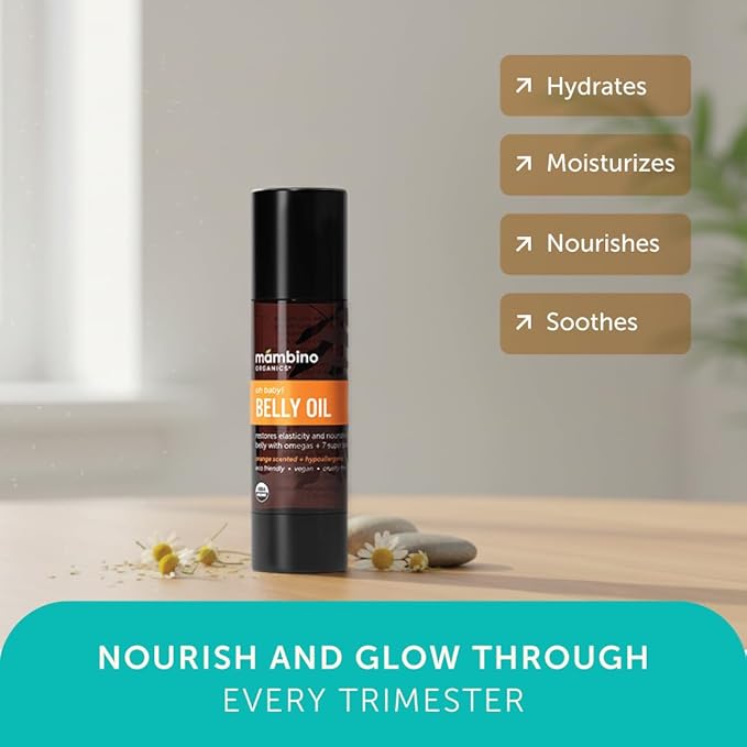 Mambino Organics Oh Baby! Belly Oil for Pregnant Women, Organic Stretch Mark Oil for Pregnancy, Postpartum Skin Elasticity, Hydration, Tamanu, Shea Butter, Calendula, Vegan, Non-GMO, 2 fl oz, 2-Pack