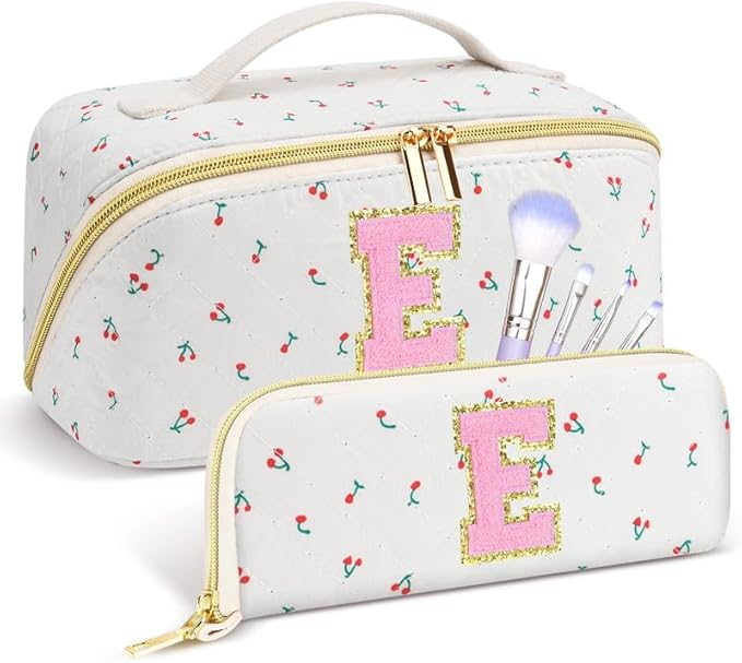 Personalized Travel Makeup Bag Set, Initial Cute Cherry Makeup Organizer Bag, Toiletry Skincare Cosmetic Bag, Valentine’s Day Gifts for Women/Girls, Open Flat Toiletry Pouch with Brush Pocket