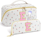 Personalized Travel Makeup Bag Set, Initial Cute Cherry Makeup Organizer Bag, Toiletry Skincare Cosmetic Bag, Valentine’s Day Gifts for Women/Girls, Open Flat Toiletry Pouch with Brush Pocket