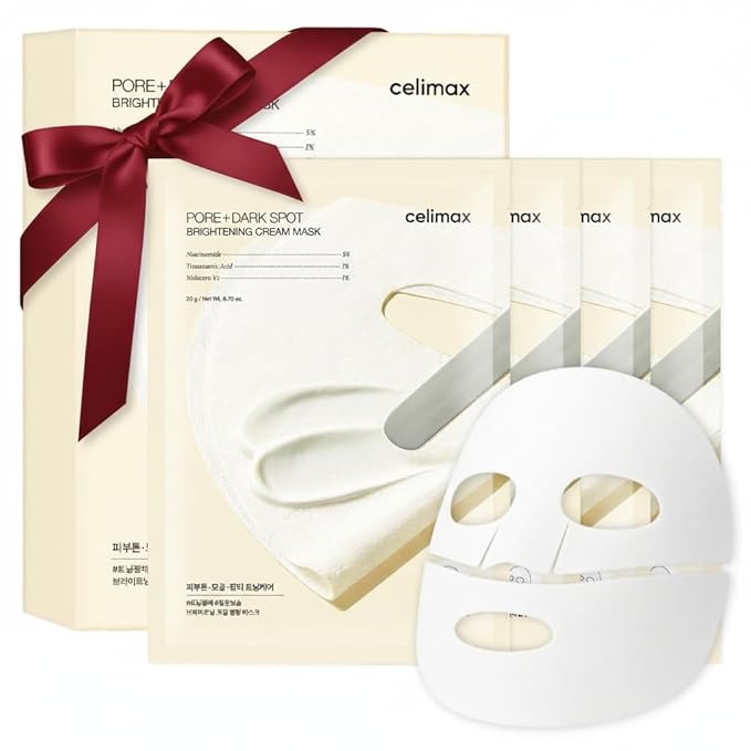 celimax Pore+Dark Spot Brightening Cream Mask 4EA | Non-Sticky Sheet for Enlarged Pores with Niacinamide, Tranexamic Acid, Non-Irritating, Hydrating, Hyperpigmentation, Korean Facial Mask
