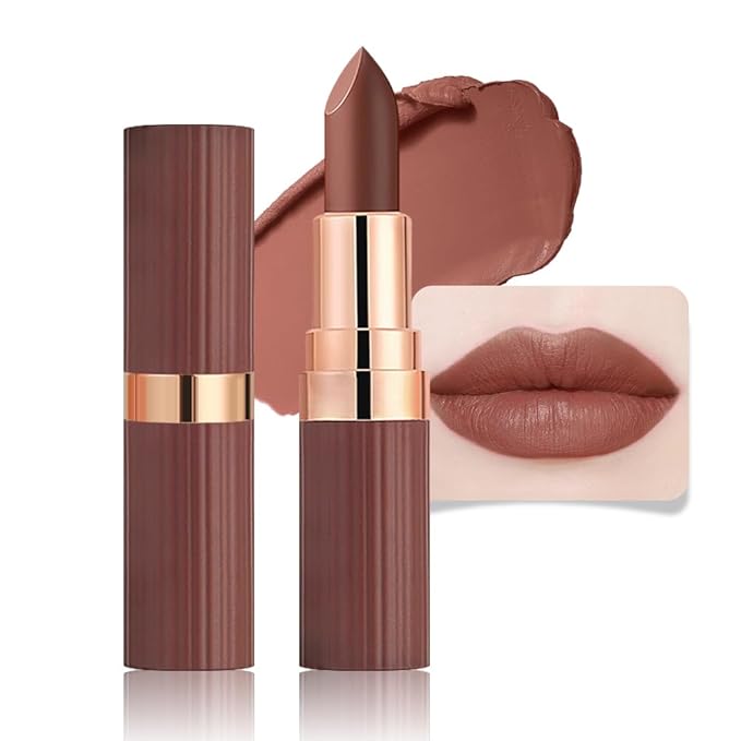 Warm Brown Nude Lip Stick,Matte Cream Lipstick Set for Women,Long Lasting Waterproof Smudge Proof Velvet lipsticks Crayon,Lip Makeup Kit Travel Size,Vegan & Cruelty-free (Pack of 1)