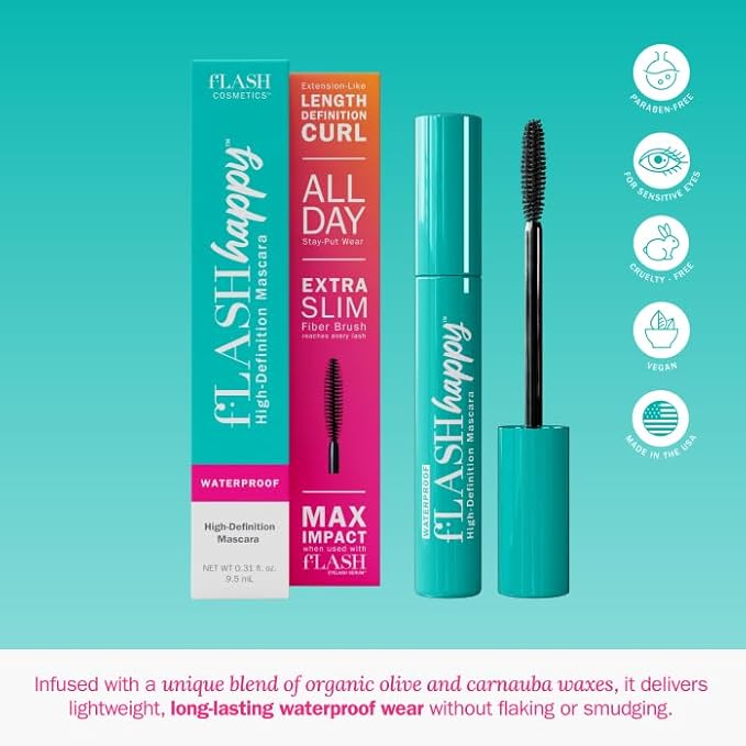fLASH Happy High-Definition Waterproof Mascara with Ultra-slim Brush for Length, Volume, Curl - All Day Stay-put Wear with Lash Enwrapping Technology - Clean Vegan Formula, Paraben-free (True Black)