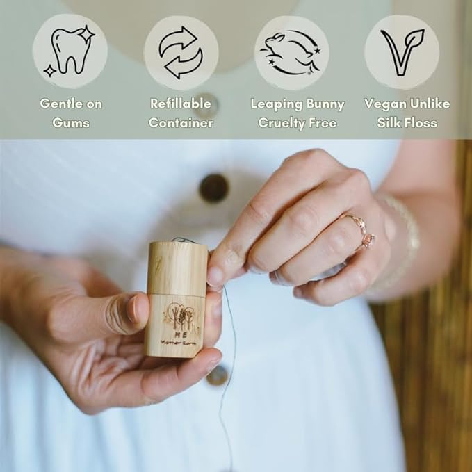 Vegan Biodegradable Bamboo Charcoal Dental Floss with Refillable Bamboo Container | Free Refill | Natural Candelilla Wax | 30M x2 | Peppermint Essential Oil | Eco Friendly Zero Waste Oral Care