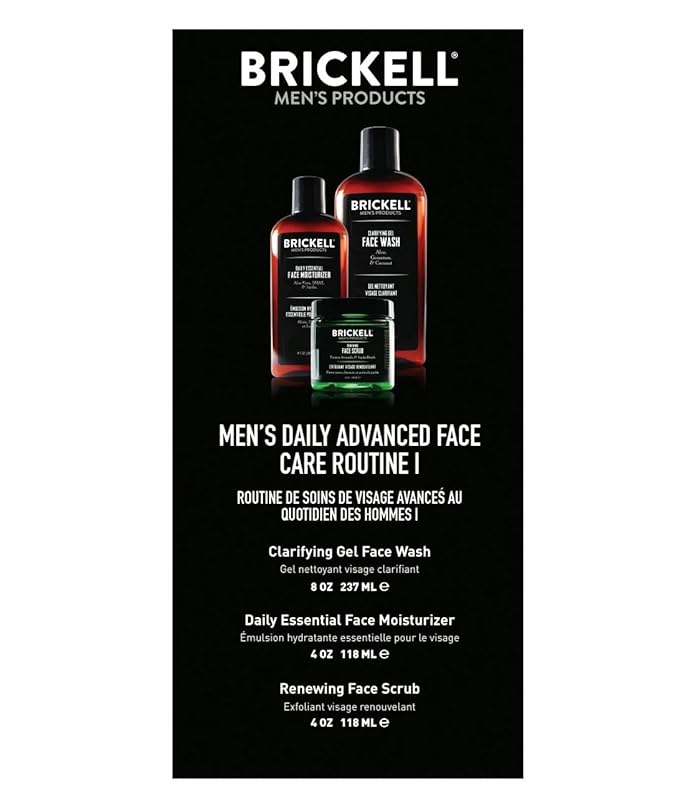 Brickell Men's Daily Advanced Face Care Routine I, Gel Facial Cleanser Wash, Face Scrub, Face Moisturizer Lotion, Natural and Organic, Unscented, Men's Skin Care Gift Set