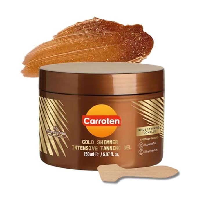 Carroten Gold Shimmer Tanning Gel | Browning Indoor/Outdoor Tan Accelerator | Non-Greasy, Water-Resistant with Carrot & Coconut Oil | Vitamin A & E For Moisture & Hydration | 5 Fl Oz + Spatula