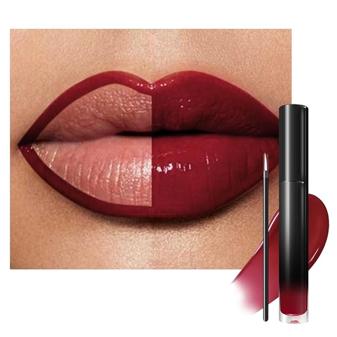 evpct Wine Red Shiny Longwear No-Budge Liquid Lip Color Lipstick Makeup, Highly Pigmented Color Instant Shine, Waterproof Long Lasting Lipstick for Women, Lip Stain Gloss with Lip Liner Brush, 02#