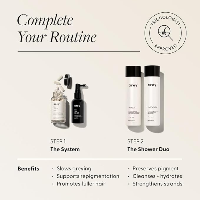 Arey Shower Duo | Daily Wash Shampoo and Smooth Conditioner Set | Delay + Reduce the Signs of Aging Grey Hair | Retain Moisture, Promote Smoothness | Vegan, Gluten-Free & Cruelty Free (2 Pack)