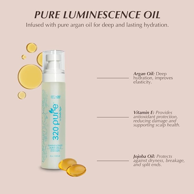 320Pure Luminescence Buriti Oil for Fine Hair and Scalp 4oz, Aceite de buriti, Control Frizz, Revive Shine & Protect Hair, With Coconut, Amalaky, and Aloe Vera for Deep Nourishment & UV Protection