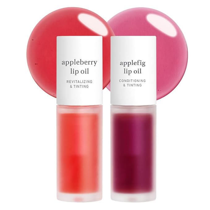 NOONI Korean Lip Oil Set - Appleberry & Applefig | Long-Lasting, Moisturizing, Plumping, Revitalizing for Dry Lips, Waterproof, No Peel Off, Stocking Stuffers, lip plumper 0.12 FL Oz x 2ea