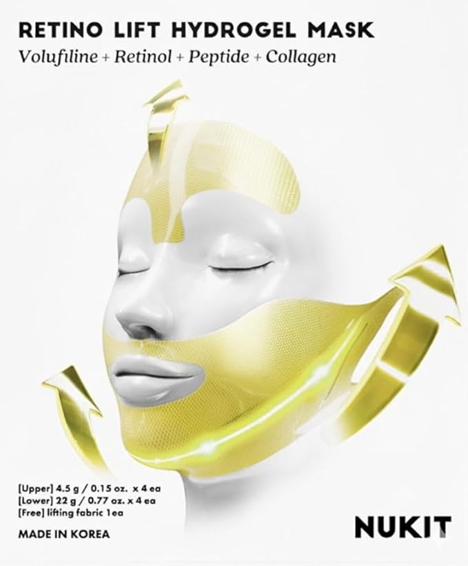 RETINO LIFT HYDROGEL MASK, V-Shape Contouring & Sculpting Face Mask with Collagen & 7 Peptides, Cooling Hydration for Jawline & Chin Support (4 Masks + Band)