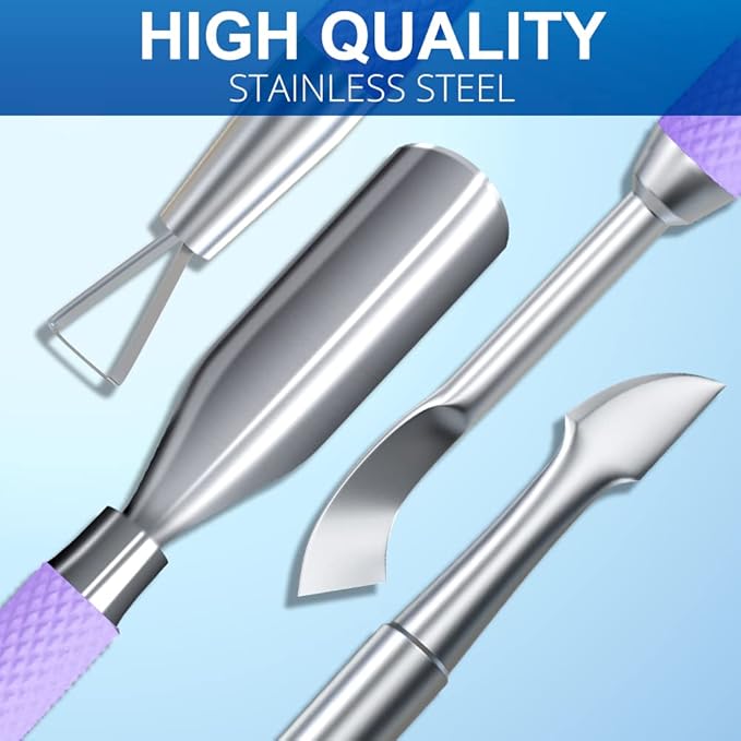 2PCS Metal Lavender/Taro Purple Cuticle Pusher and Cutter Remover Salon Quality Stainless Steel Gel Nail Polish Peeler Scraper Durable Manicure and Pedicure Cleaner Tool For Fingernail and Toenail