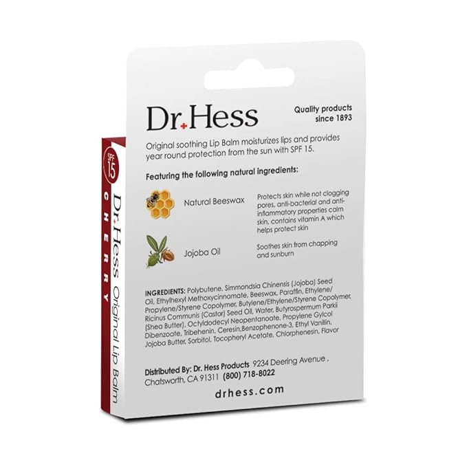 Dr. Hess Original Udder Stick SPF Lip Balm, Soothing Moisturizer Sun Screen Balm for Dry Lips with Jojoba, Beeswax & Shea Butter, Total Lip Care, Hydration & Repair, Cherry Flavor, 4 Pack