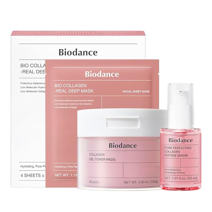 BIODANCE Collagen Pink Glow Trio: Collagen Real Deep Mask & Toner Pads & Peptide Serum for Plumping Hydration, Firming, Korean Skincare, Christmas gift, Stocking Stuffers