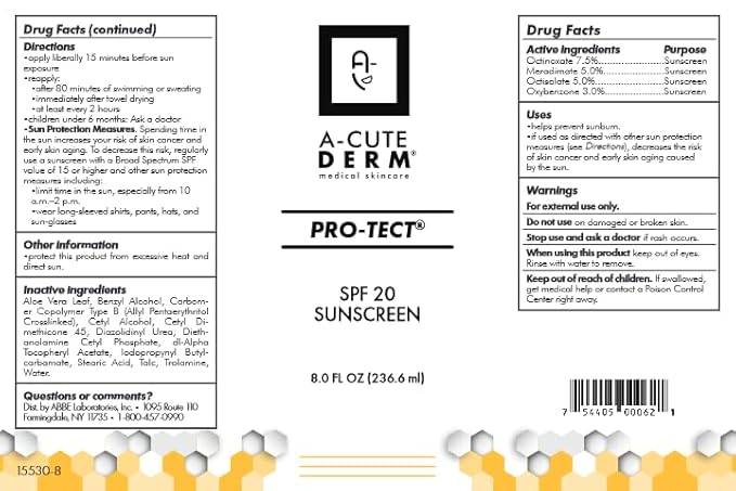 A-Cute Derm Pro-Tect SPF 20 Sunscreen Moisturize the Skin Protects Against Harmful Effects of UVA & UVB Rays Prevent Premature Aging and Wrinkling of the Skin (8.0 oz)