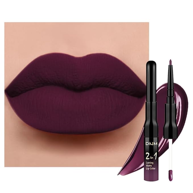 1Pcs 2 in 1 Dark Plum Purple Matte Lip Liner and Liquid Lipstick Stain Makeup Set for women, Purple Long Lasting Smudge Proof Lip Tint Matte Finish Lip Gloss for All-Day Color Hold Easy to Use 01#