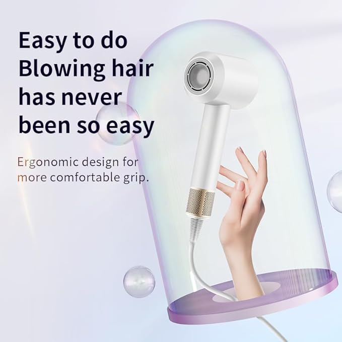 Low Noise Hair Dryer - 110000RPM Brushless High Speed 1600W Blow Dryer for Fast Drying, 200 Million Negative Ions Thermo-Control for Smooth Frizz-Free Hair for Travel & Home Use (White)