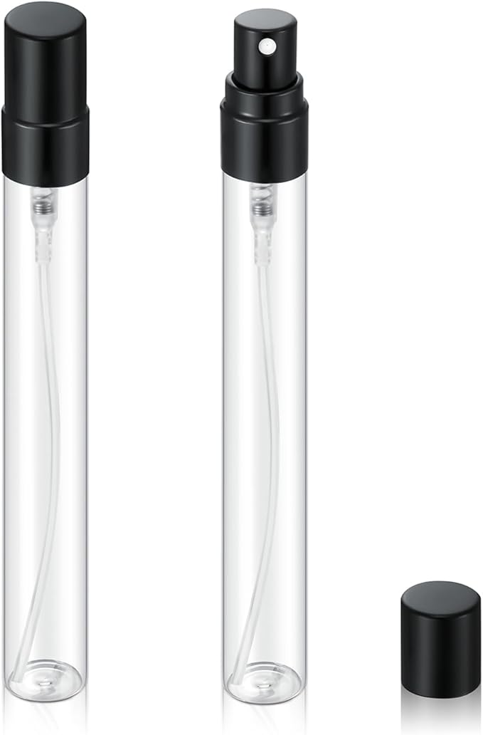 20Pcs 10ml Empty Clear Glass Mist Spray Bottle Refillable Mini Perfume Atomizer Travel Sample Bottle with Black Aluminized Nozzle Makeup Container for Perfume (10ml Black Caps)