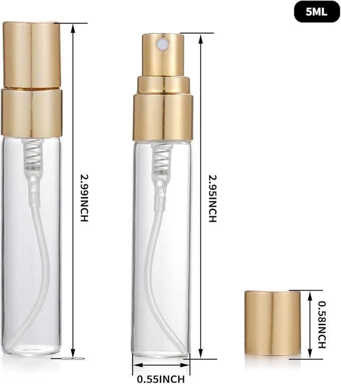 20Pcs 5ml Empty Clear Glass Mist Spray Bottle Refillable Mini Perfume Atomizer Travel Sample Bottle with Golden Aluminized Nozzle Makeup Container for Perfume (5ml Gold Caps)