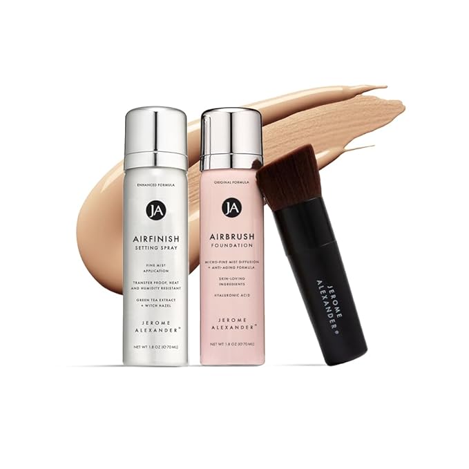 MagicMinerals AirBrush Foundation Set by Jerome Alexander – 3pc Set Includes AirFinish, Foundation and Kabuki Brush - Spray Makeup with Anti-aging Ingredients for Smooth Radiant Skin (Warm Medium)