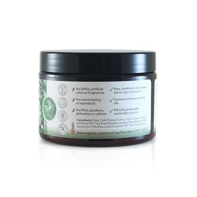 Organic Fiji Raw Cold Pressed Coconut Oil for Hair, Skin, Face & Body | Relaxing Massage Oil | Tea Tree Spearmint,12 oz for Women Men & Baby