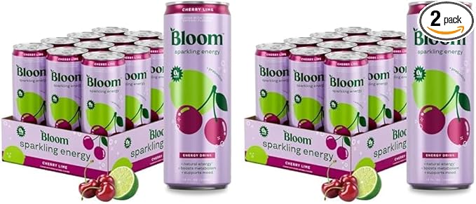 Bloom Nutrition Sparkling Energy Drink for Focus, Natural Caffeine, Zero Sugar, 180mg Caffeine, Antioxidant-Rich with Green Coffee Bean, Green Tea Extract, & Prebiotics, Cherry Lime 12oz 24 Pack