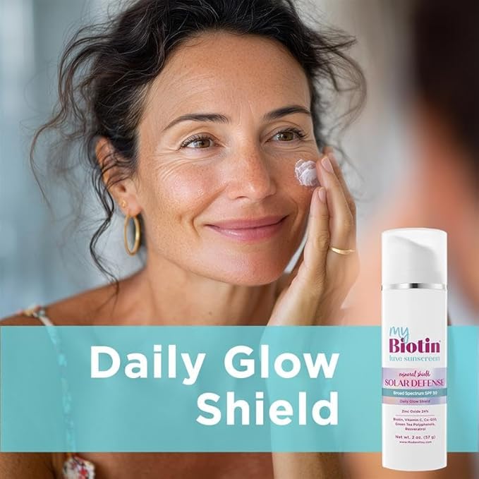 MyBiotin Luxe Sunscreen – Daily Glow Shield, Mineral SPF 50 Face Sunscreen - 24% Zinc Oxide, Biotin, Vitamin C, CoQ10, Polyphenols & Resveratrol – Anti-Aging, Broad Spectrum Sun Protection, 2 oz.