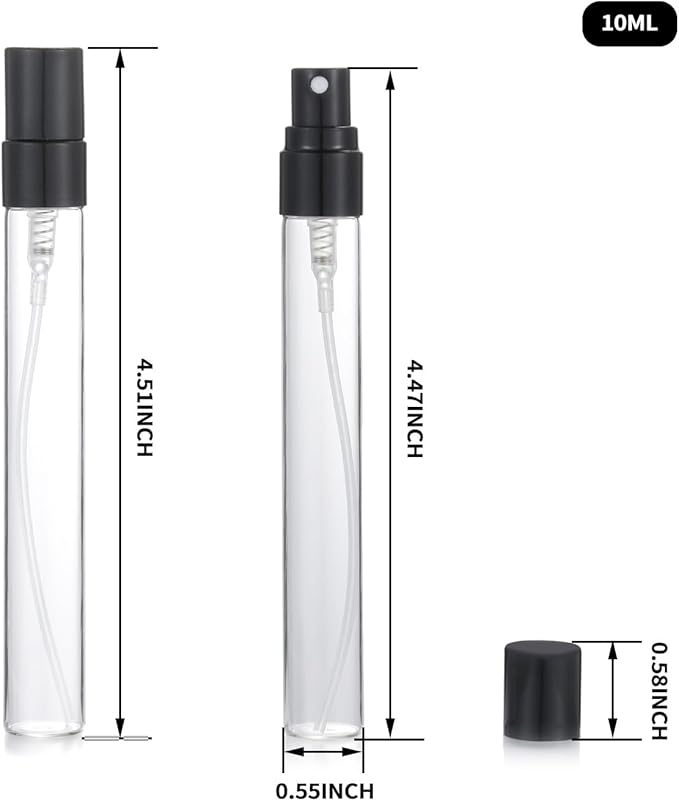 20Pcs 10ml Empty Clear Glass Mist Spray Bottle Refillable Mini Perfume Atomizer Travel Sample Bottle with Black Aluminized Nozzle Makeup Container for Perfume (10ml Black Caps)