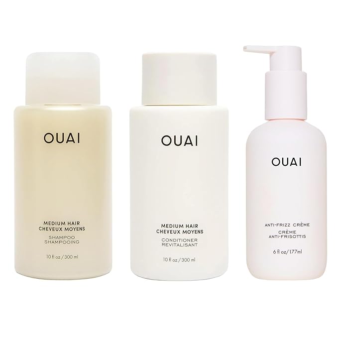 OUAI Medium Hair Bundle - Anti-Frizz Crème, Shampoo, and Conditioner (3 Count: 6 Oz/ 10 Oz/ 10 Oz)