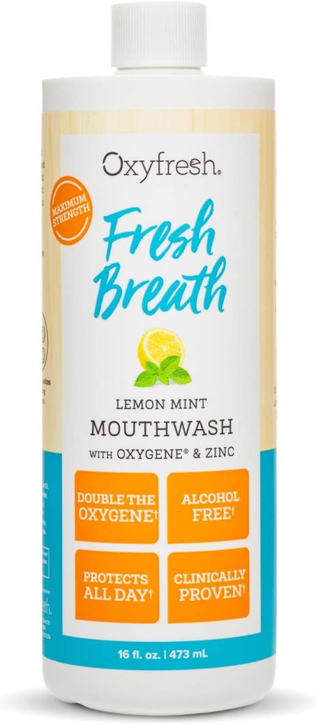 Oxyfresh Lemon Mint Fresh Breath Mouthwash – Bad Breath Treatment – SLS & Fluoride Free – Alcohol Free, Gentle Nonburning with Xylitol & Essential Oils – 16 Fl Oz