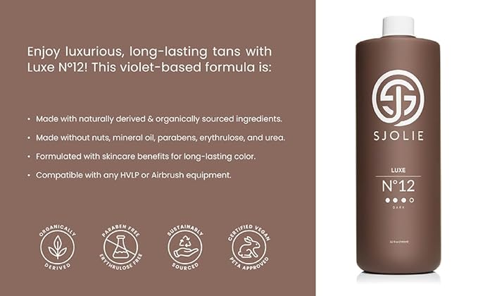 SJOLIE Spray Tan Solution - Luxe 12 - Violet Based Dark Blend | Sunless Tanning Solution for Deep, Dark Bronze Finish, All Natural (32oz)