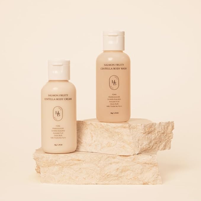HEVEBLUE Salmon Fruity Centella Body Travel Kit - Body Cream & Body Wash Set, Sensitive Skin, Korean Bodycare, Hypoallergenic, Allergen-free, Salmon PDRN, Travel Size, Bodycare Set