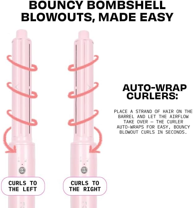 FoxyBae Super Styler Pro Interchangeable Hair Styler Wand Curling Iron Set - w/Drying Cylinder, Ceramic Blowout & Round Brushes, 2 Auto-Wrap Curlers - Frizz-Free, Smooth Hair (Blush)