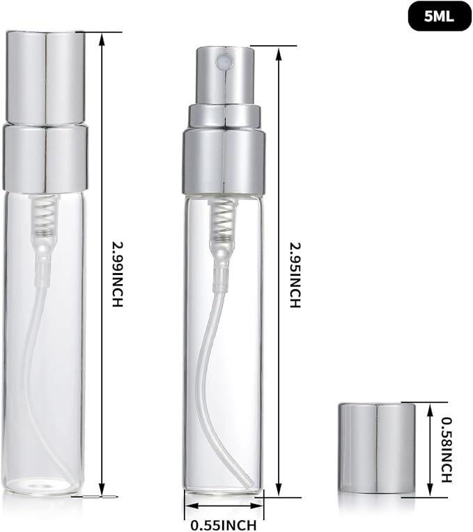 20Pcs 5ml Empty Clear Glass Mist Spray Bottle Refillable Mini Perfume Atomizer Travel Sample Bottle with Silver Aluminized Nozzle Makeup Container for Perfume (5ml Silver Caps)