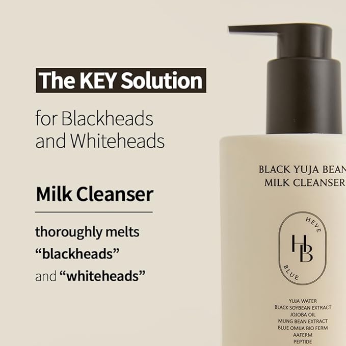 HEVEBLUE Black Yuja Bean Milk Cleanser - Sensitive Skin, Korean Skincare, Vegan, Hypoallergenic, Moisturizing, Hydrating, First Facial Cleansing, Cleansing Milk, K-Beauty, Gentle Face Wash