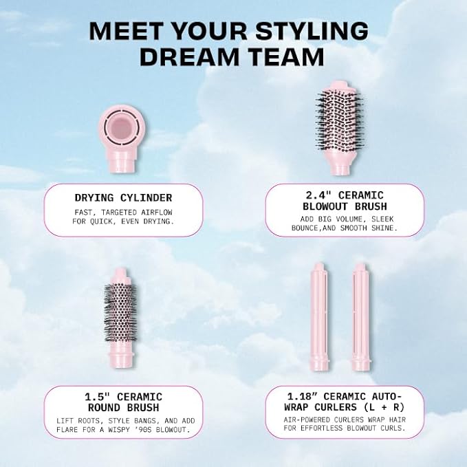 FoxyBae Super Styler Pro Interchangeable Hair Styler Wand Curling Iron Set - w/Drying Cylinder, Ceramic Blowout & Round Brushes, 2 Auto-Wrap Curlers - Frizz-Free, Smooth Hair (Blush)