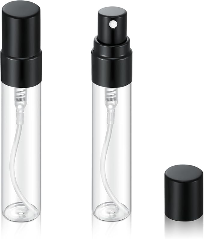 20Pcs 5ml Empty Clear Glass Mist Spray Bottle Refillable Mini Perfume Atomizer Travel Sample Bottle with Black Aluminized Nozzle Makeup Container for Perfume (5ml Black Caps)